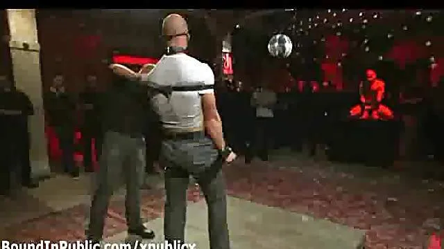 Blindfolded bound gay blowjob in gay club