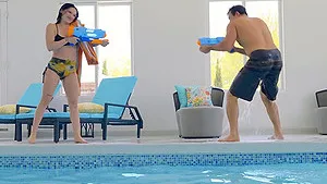 Rough dicking by the pool with brunette Mia Moore & her man