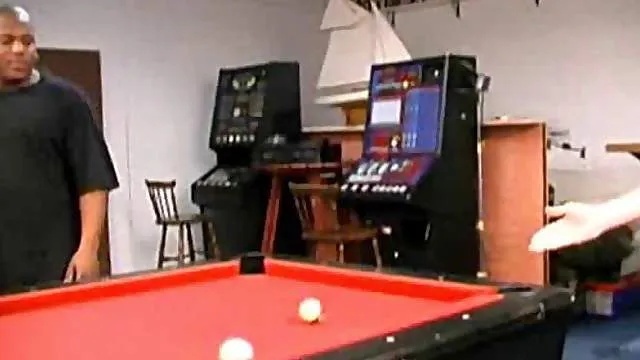 Fat girl fucked by two guys in pool hall