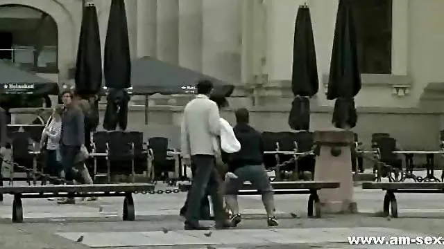 Brunette bitch disgraced in a public plaza before getting her pussy fucked