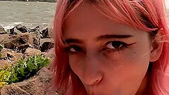 Hot pink hair Russian teen gets blowjob at the beach