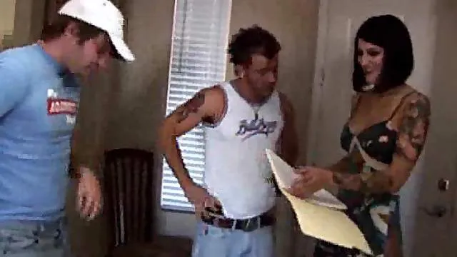 Hot girl with tattoos is spit roasted