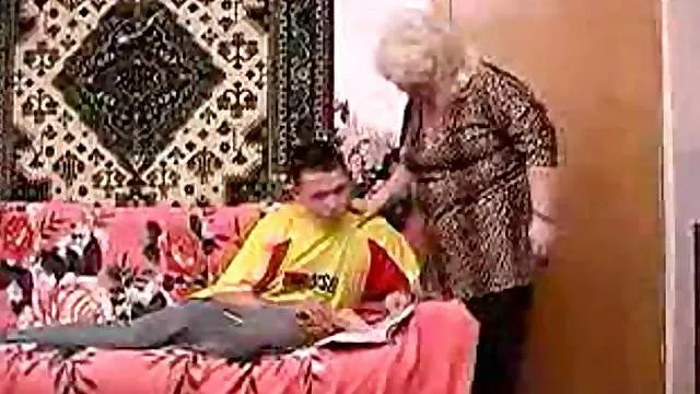 Fat blonde mature seduces young man