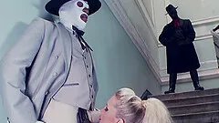 Interracial threesome with clothed sex for blonde Karlie Simon