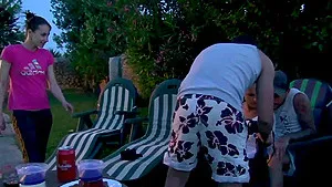 Outdoor group dicking at the party with Bianca Ferrero and Mia Melone