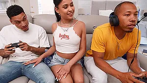 Rough interracial MMF threesome on the sofa with Ryder Rey