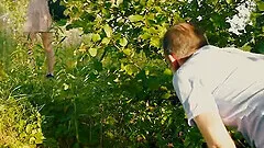 Beautiful redhead with glasses rides old dick in the woods