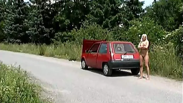 Naked girl needs help with her broken car