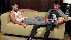 Skinny man enjoys getting his feet tickled and licked by his BF