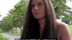 Skinny teen Lara Fox takes a large dick of a stranger in outdoors