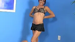 Mature petite Ella Meadows goes nude while stroking a shaft