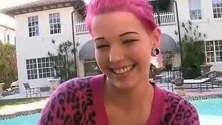 Pink haired babe sucking pov dick