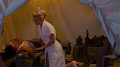 Attractive nurse Aaliyah Love on her knees making a soldier happy