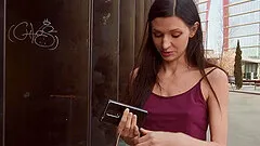 Small tits pornstar Arian Joy spreads her legs to ride in outdoors