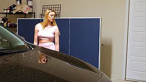 Horny babe Amber Moore masturbates in the car and rides a dick after