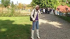 Blonde amateur Petra fucked in the local woods and gets a cumshot