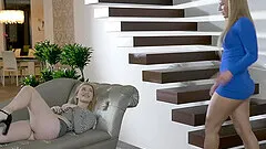 Horny amateur lesbians love having sex on the leather sofa