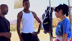 This asiatic teen is fucked hard for two black guys with big cock