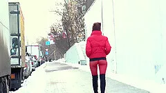 Red Tights. Jeny Smith public walking in tight red pantyhose (no panties)