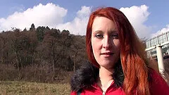 Redhead slut takes money to give cunt to the fake agent in the public