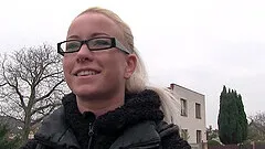 Amateur blonde with glasses bends over to get fucked from behind