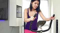 Petite brunette Lady D turned on while working out and masturbates