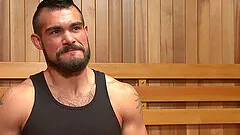 Steamy hot gay sex in the sauna with bondage and male slave torture