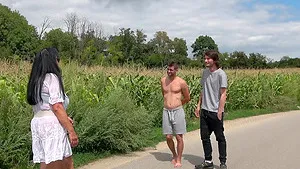 Outdoor foursome with naughty mature woman and their hubbies