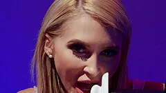 Petite blonde Alix Lynx compares big dildo with a real thing