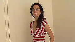 Natural brunette with glasses masturbates using her fingers and a dildo
