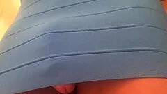 My cock close up in blue dress tan pantyhose .