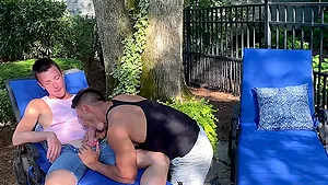 Hardcore gay fucking in the back yard with two handsome dudes