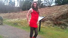 Undressing in dogging car park, from red mini dress into lingerie