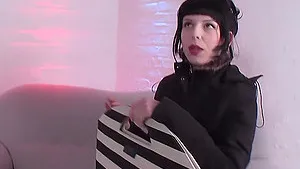 Solo brunette girl moans while playing with some new sex toys