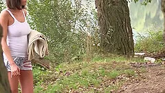 Anabelle masturbates in the nature usig a pink dildo and fingers