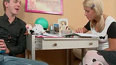 nerdy girl Connie Rose eats friend's fat dick before an adorable fuck