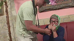 Granny with big tits fucked hardcore and gets cum on her glasses