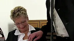 Classy group sex at an office with nerdy mature babes