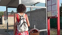 Curly haired amateur brunette Bunny Love masturbates outdoors