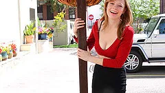 Gorgeous ginger teen Gwen flashes her tits in public
