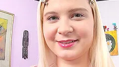 skinny blonde Kira spreads her long legs for pussy licking before hard fuck