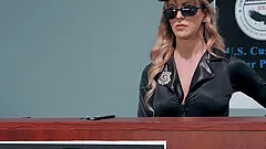 Cop babes Cherie Deville and Ryder Skye share a cumshot at the station