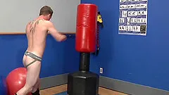 Blue eyed sporty blonde teen masturbates solo in the gym