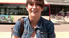 Short haired brunette amateur rides a stranger's dick in a car