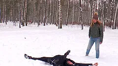 After having fun in the snow, blonde teen gets a pussy creampie