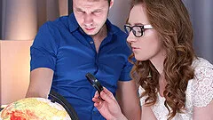 Curly haired nerdy teen Emma Fantazy doggy fucked and sucks dick