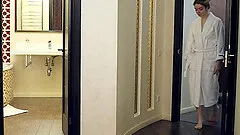 Busty pale solo blonde teen model Sabrina strips and fingers herself