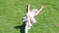 Pink haired Luna Star gets cum after a workout in the back yard