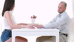 Nerdy brunette in glasses April Storm sprayed with cum on ass