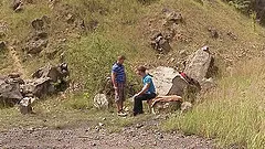 Outdoor gentle gay cock sucking and ass fucking with a teen couple